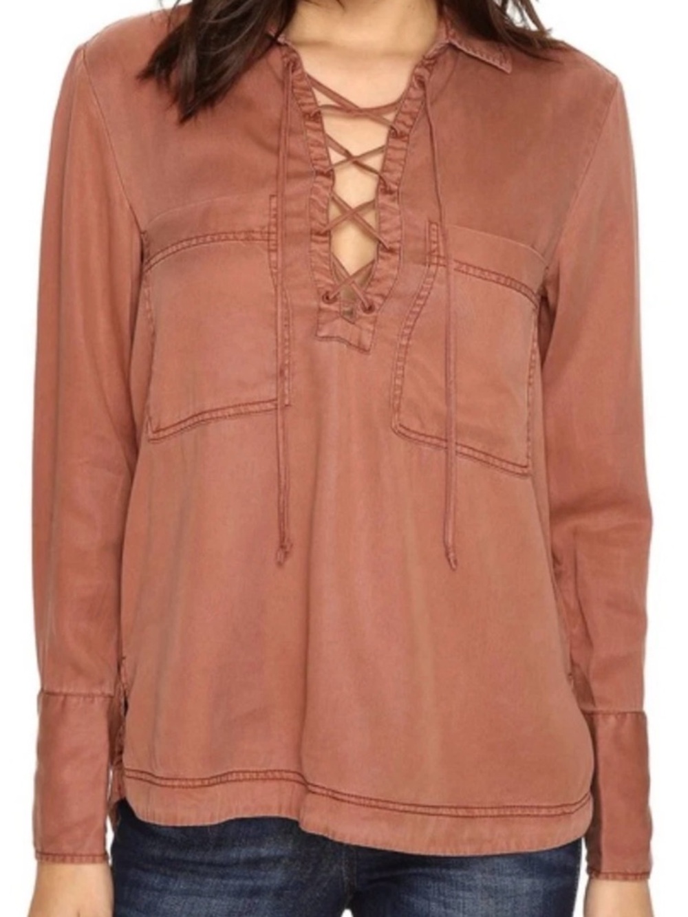 Free People Womens Under Your Spell Top Shirt Rust‎ Clay Lace-Up Boho Western L